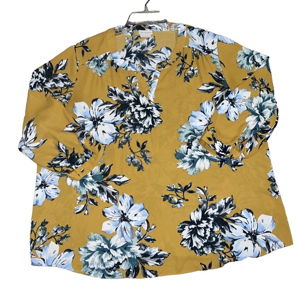 Van Heusen Top Women's Size XXL Mustard Blue Floral 3/4 Sleeve Pullover Blouse - Picture 6 of 10